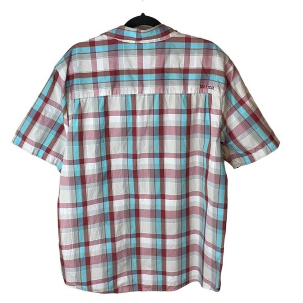 Marmot Short Sleeve Button Up Plaid Red Turquoise Teal White Men’s XL - Picture 2 of 7